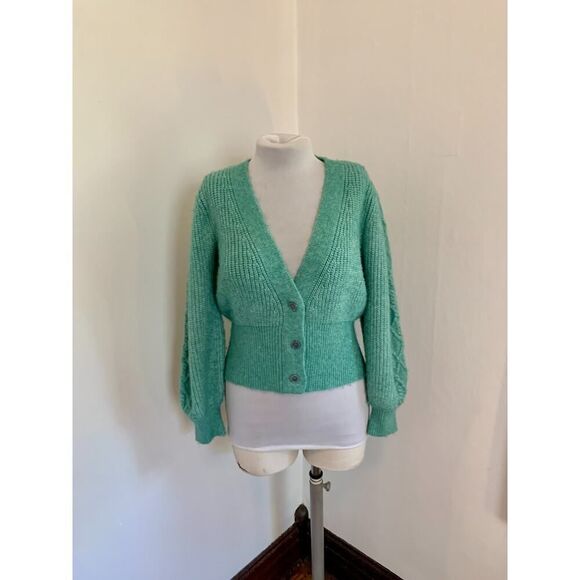 VTG 90s y2k Green Knit Cropped Sweater Mutton Sleeves Cable Argyle Cardigan Med - Picture 9 of 16